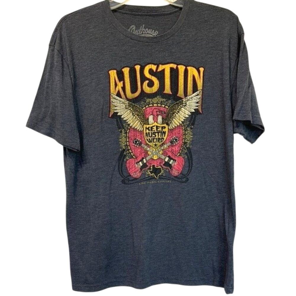 Outhouse Designs Keep Austin Weird Graphic T-Shirt Mens L Gray Tri-Blend